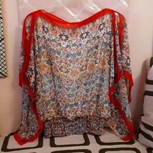 NWT Womens Kimono-Sleeve Top Coral & Blue Floral